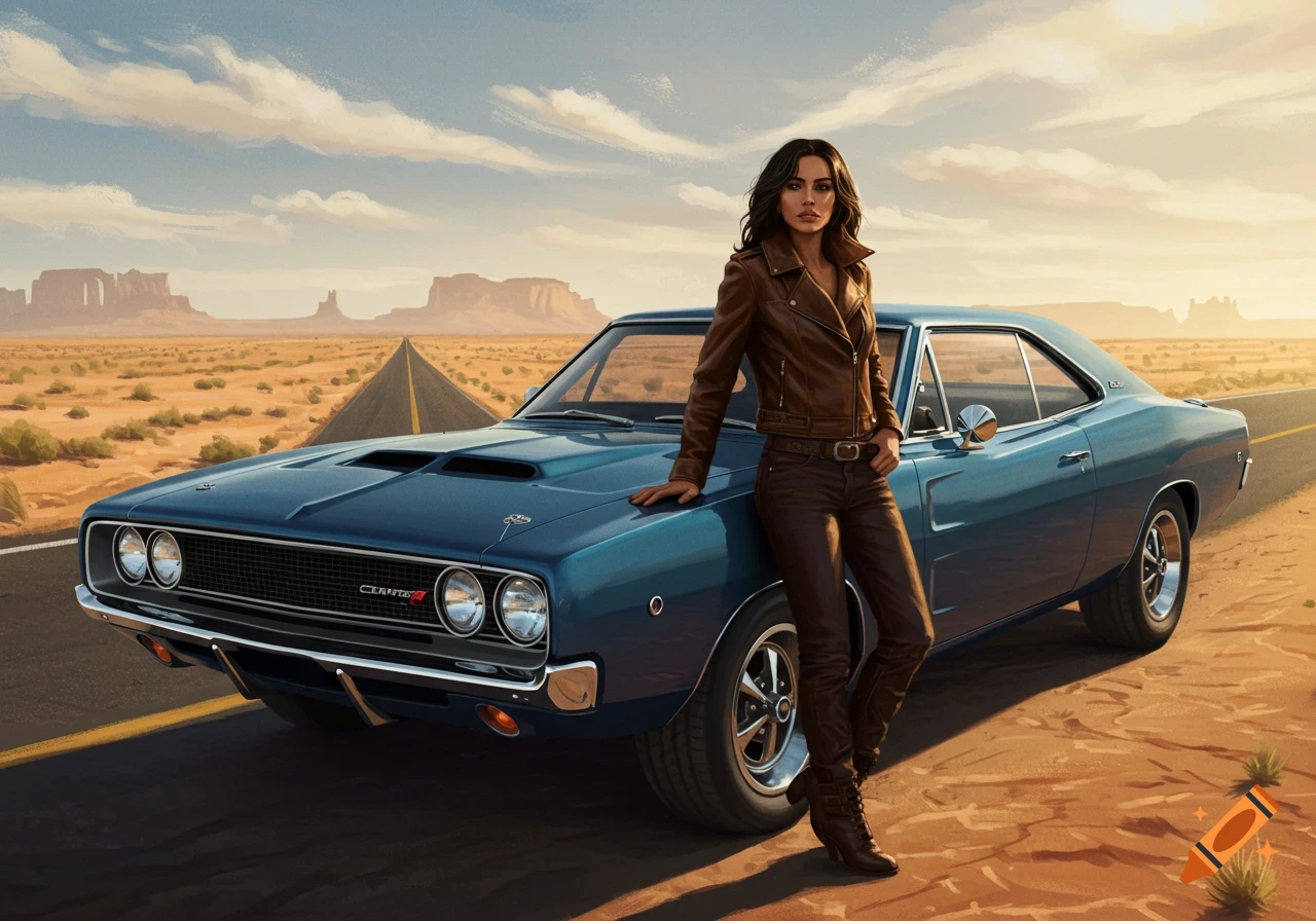 A woman in a leather jacket and pants leans against a blue classic Dodge Charger on a desert road at sunset, in a realistic painted style.