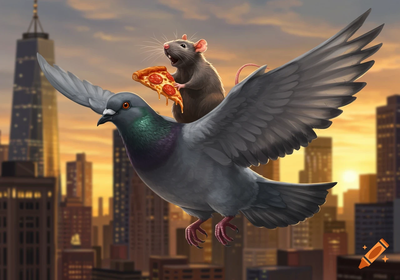 A brown rat riding a grey pigeon, holding a pepperoni pizza slice, flying above a city at sunset. Digital painting.