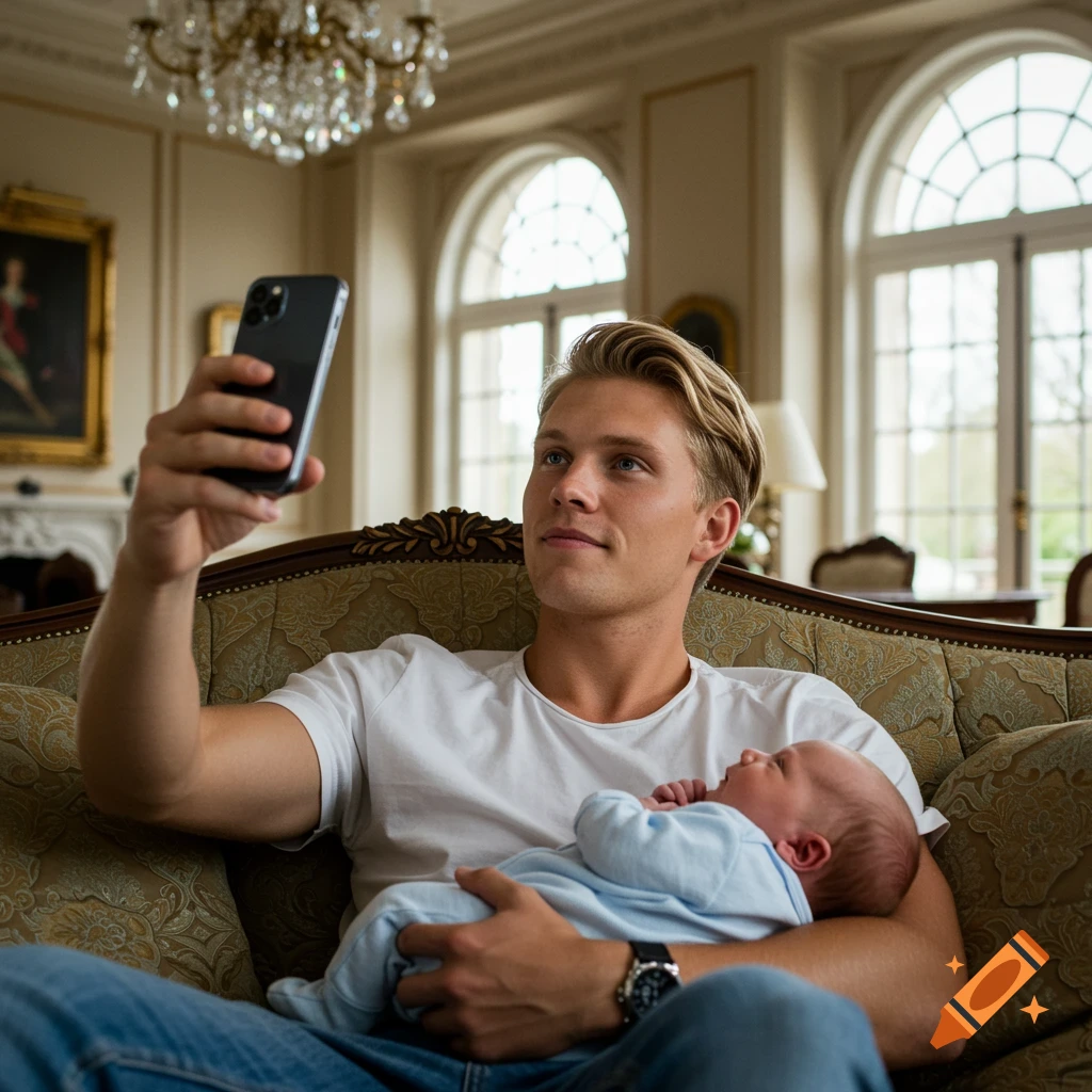 Young blonde man on a couch in a mansion holding a newborn baby while taking a selfie.