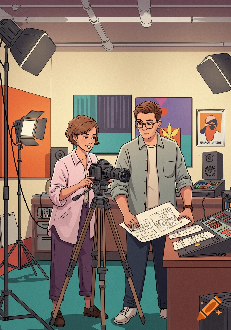 An animated man and woman in a recording studio, with a camera on a tripod and studio lights, looking at papers with designs.