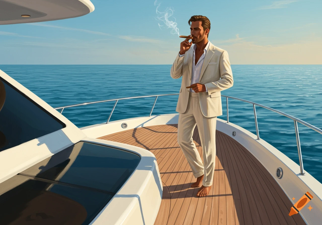 A man in a cream suit smokes a cigar on the deck of a yacht at sea under a clear sky, photorealistic.