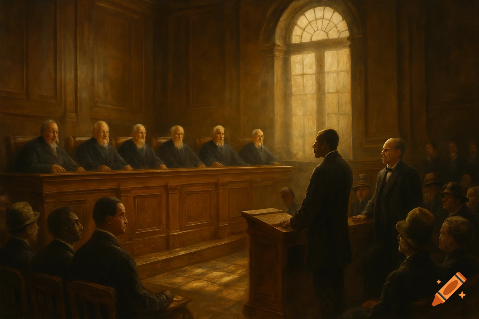 Oil painting of a historical courtroom scene with judges, an African American man at a podium, and an audience.