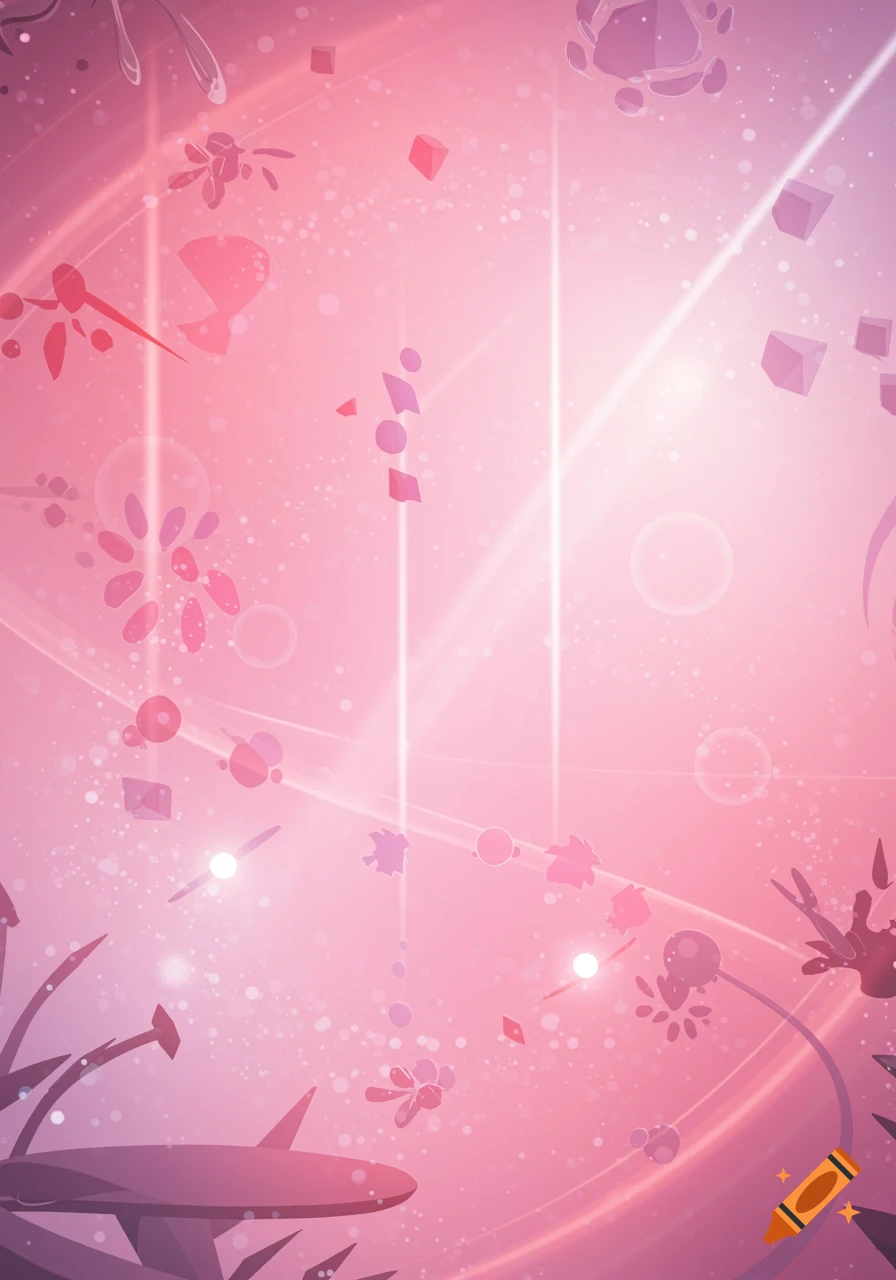 Abstract pink and purple cosmic background with glowing lines, geometric shapes, and stylized alien flora.