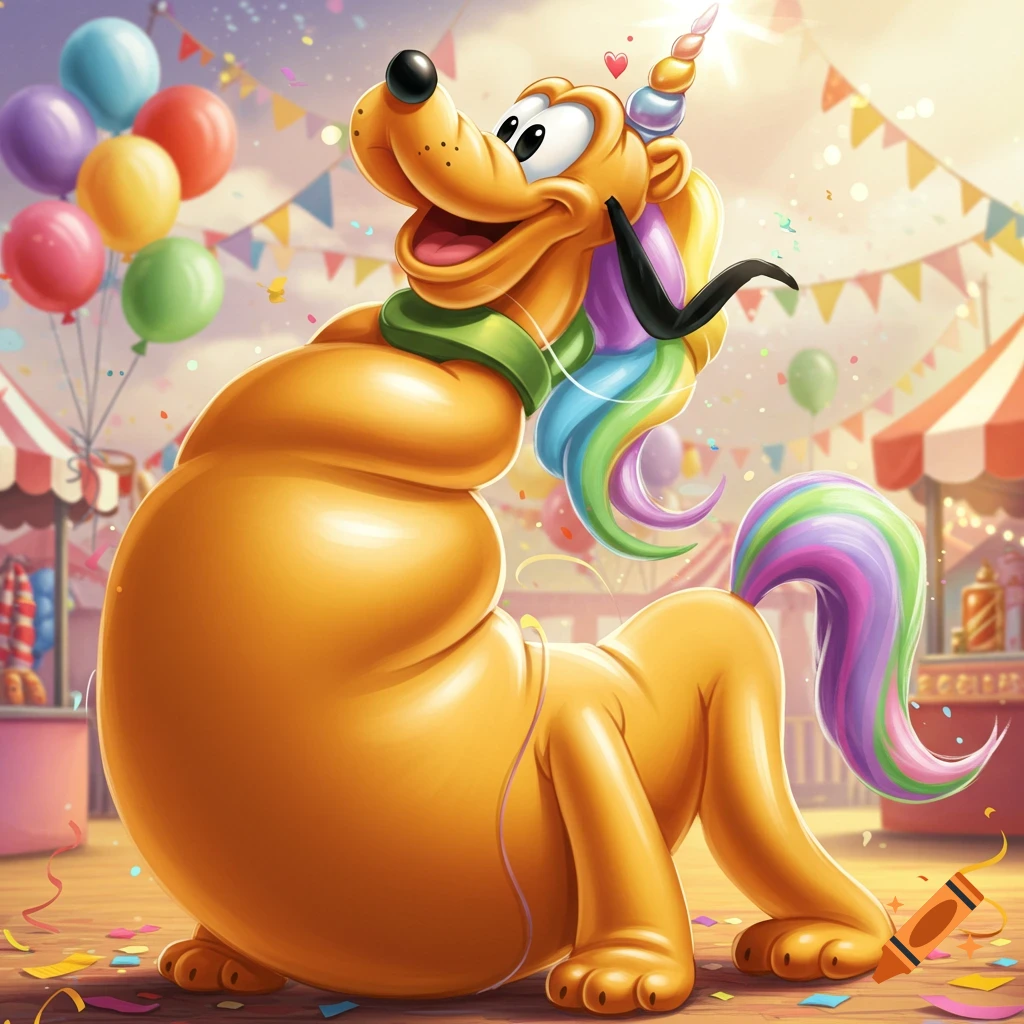 Cartoon Pluto as an inflated rainbow unicorn at a festive carnival, surrounded by balloons and confetti.