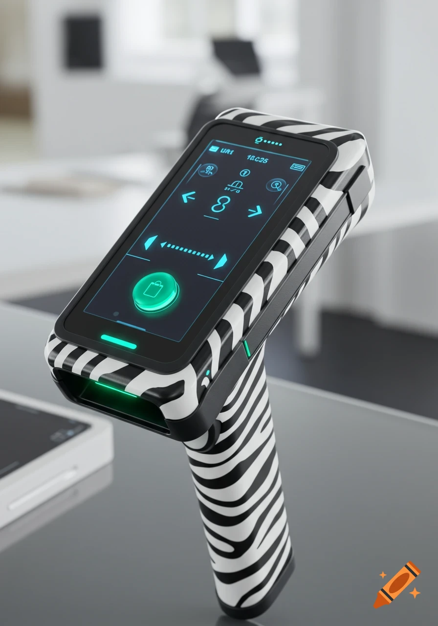 A photorealistic zebra-patterned handheld scanner with a glowing teal screen showing icons and numbers, and a large green button.