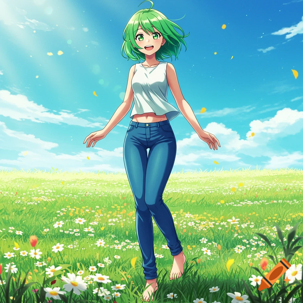 A smiling barefoot anime woman with green hair and eyes, wearing a white top and blue jeans, walks in a sunny flowery field.