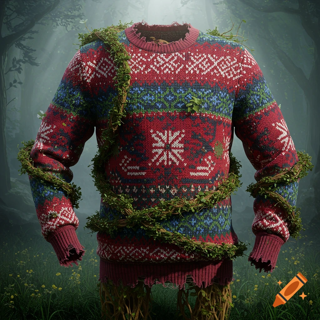 A red, white, and blue Fair Isle sweater, overgrown with green vines, stands in a misty forest.