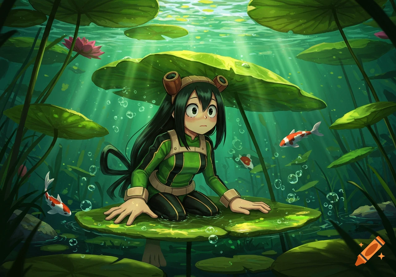 Tsuyu Asui from My Hero Academia kneels on a lily pad underwater with koi fish and sun rays.
