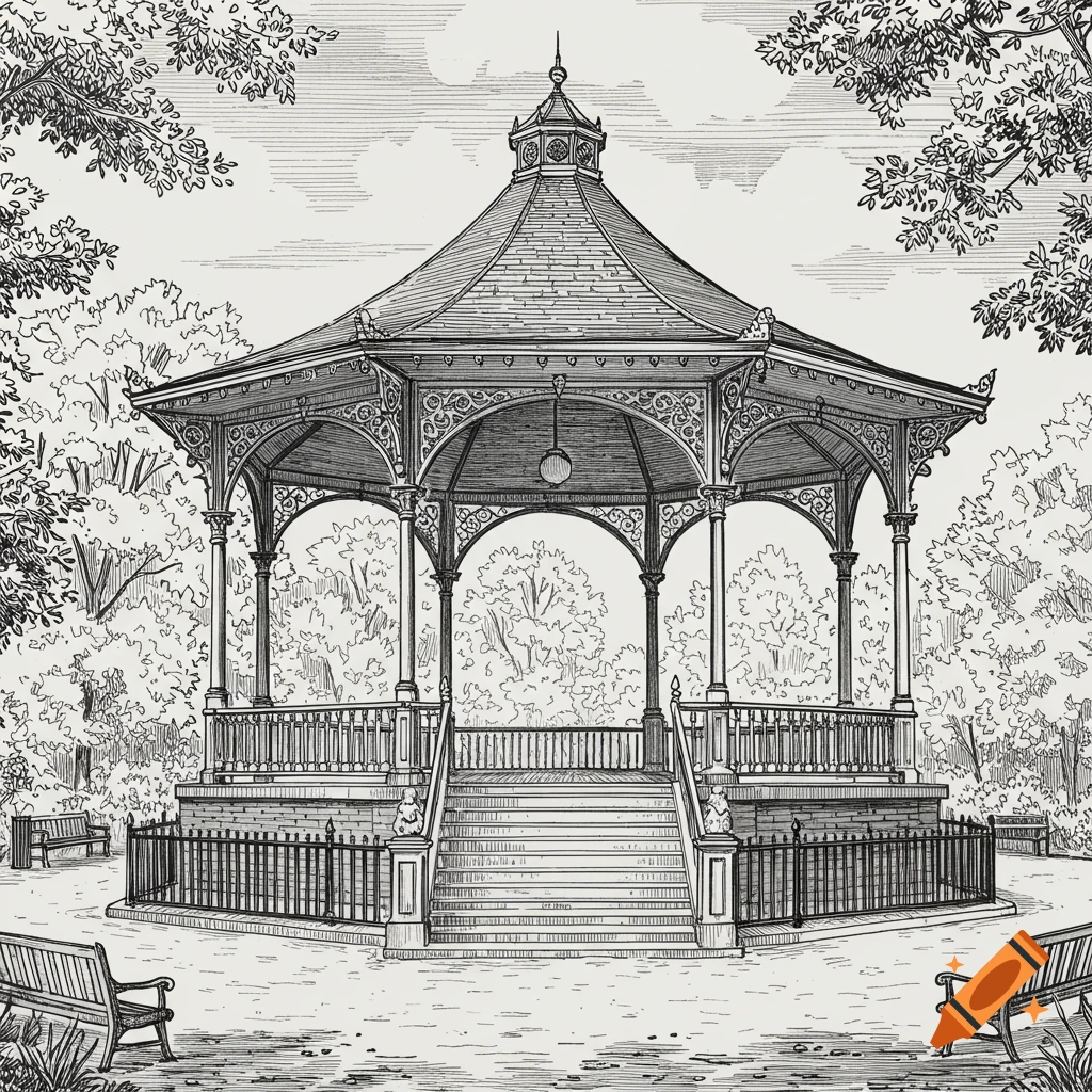 Detailed line art drawing of an ornate Victorian-style bandstand in a park, surrounded by trees and benches.