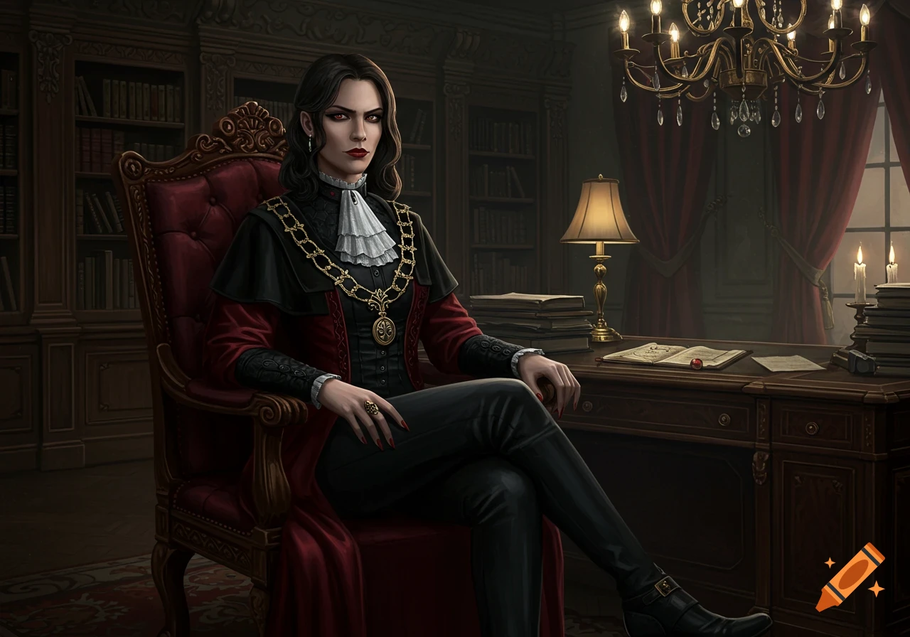 A stern woman with red eyes and dark hair sits in a red armchair at a large desk in an opulent, dimly lit study with bookshelves and a chandelier.
