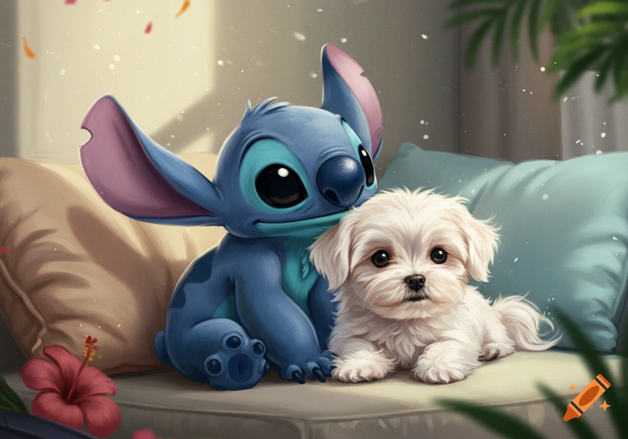 Stitch, the blue alien character, cuddles a fluffy white Maltese puppy on a couch with pillows and a red hibiscus flower.