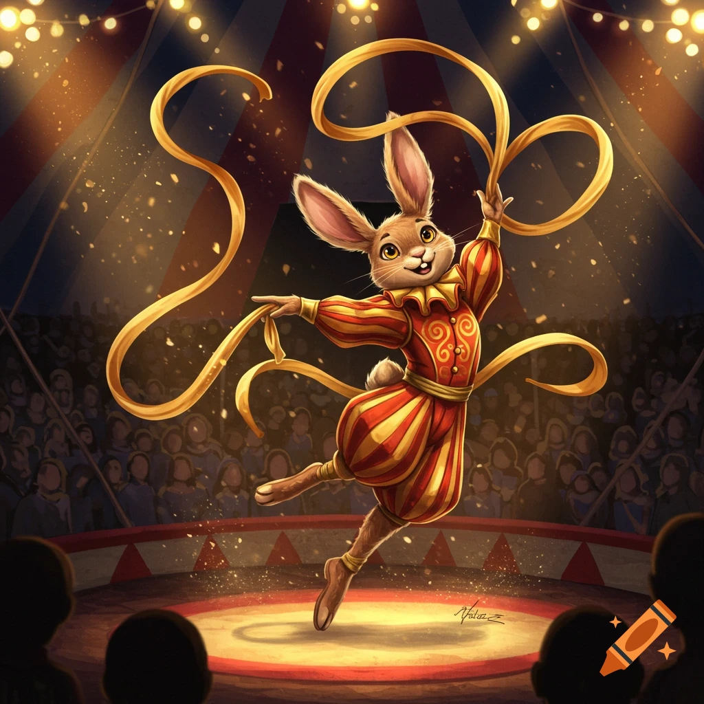 A cartoon rabbit in a red and gold circus costume twirls a yellow ribbon on a stage under spotlights, with an audience in the background.