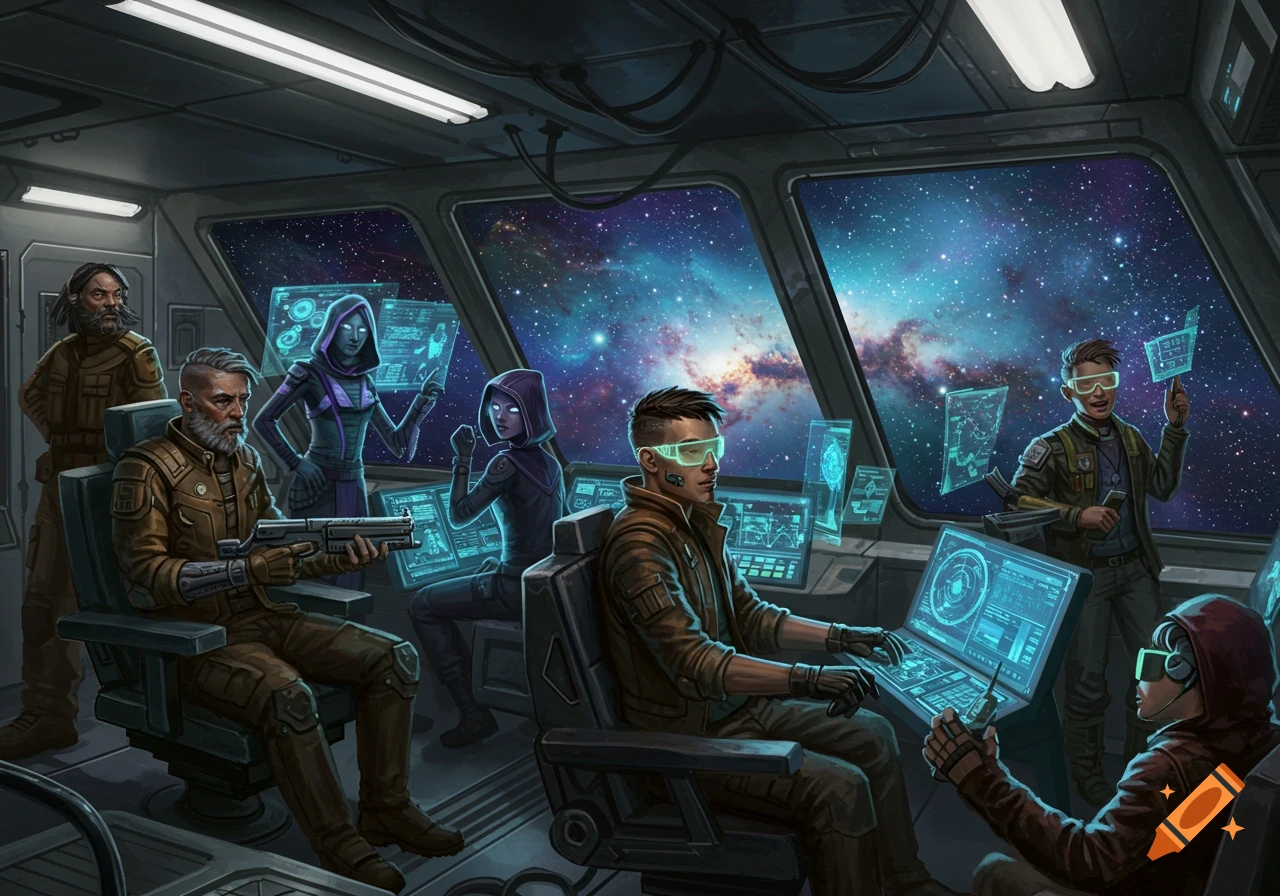 A diverse crew in a futuristic spaceship cockpit, surrounded by glowing holographic displays with a starry galaxy visible through the windows.