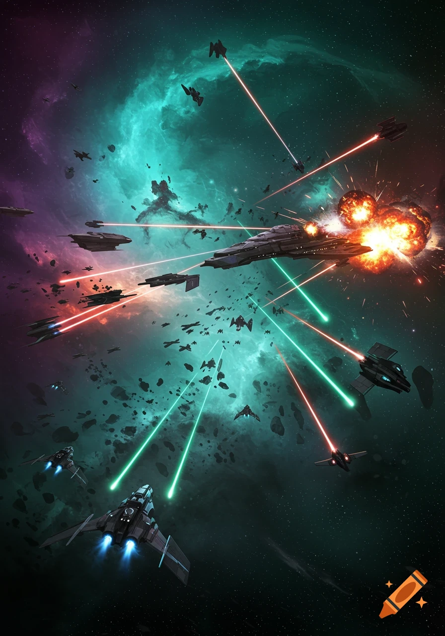 Dynamic sci-fi space battle with multiple spaceships firing lasers and explosions in a vibrant nebula.