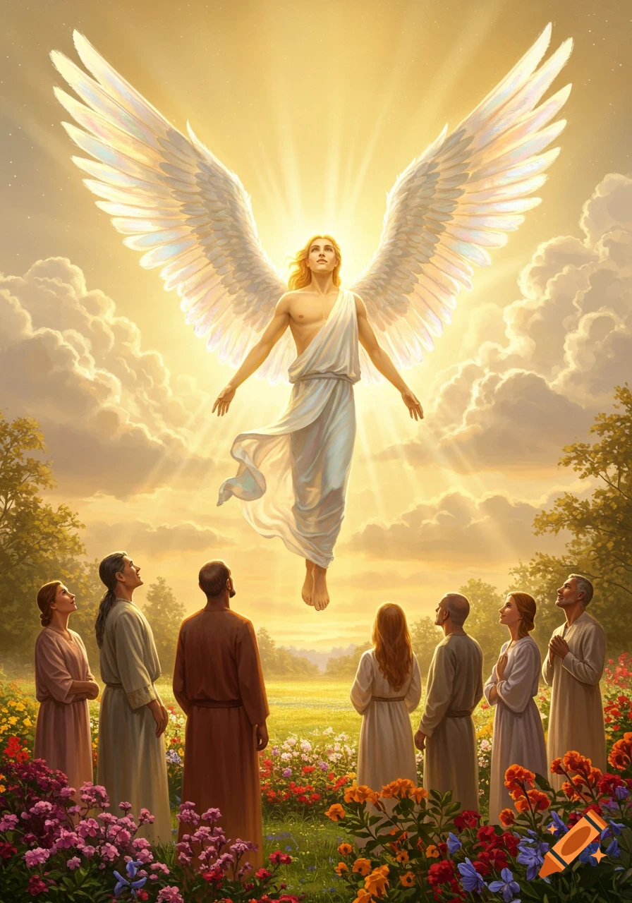 A radiant angel with large white wings descends from a golden sky as a group of people look up from a vibrant field of flowers.