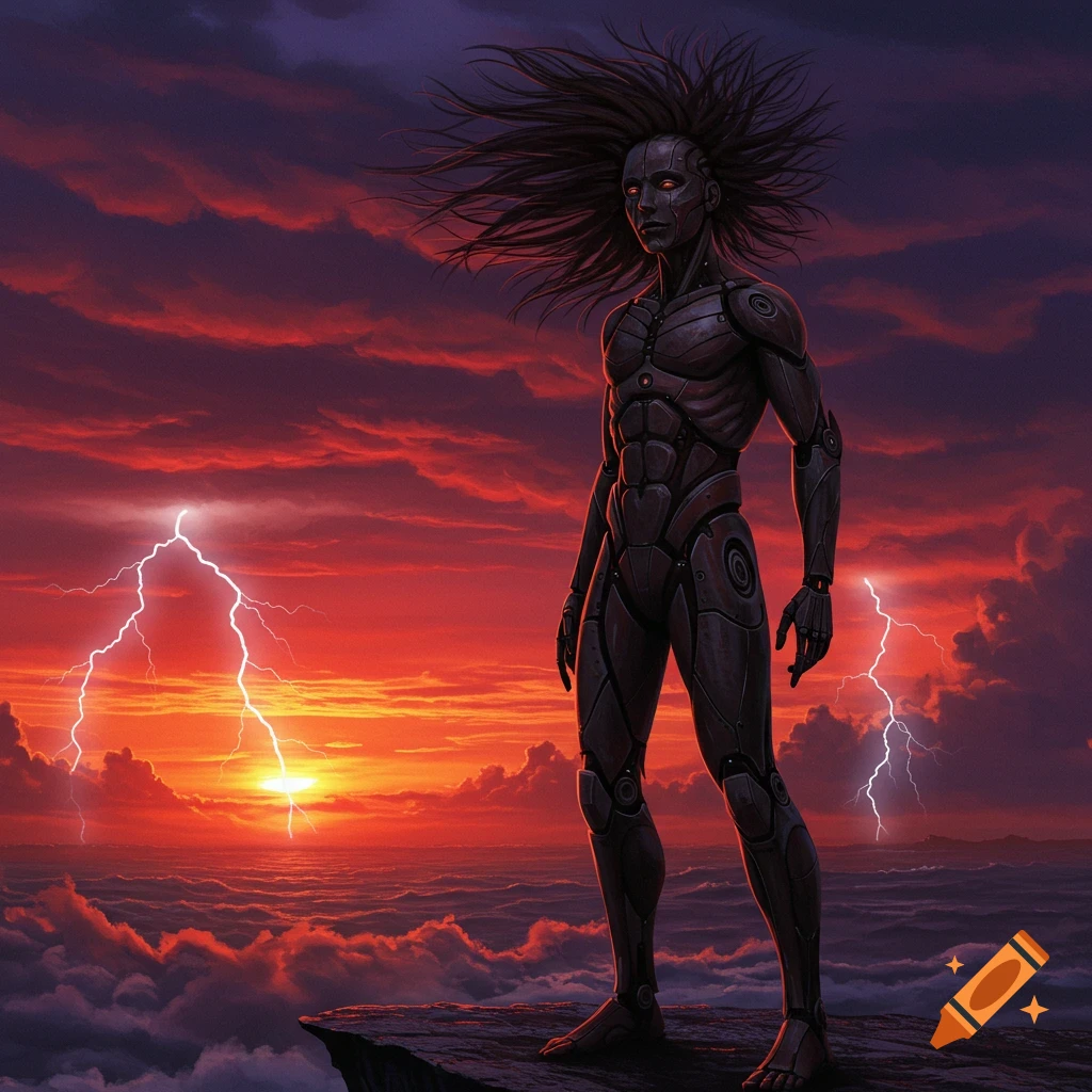 A humanoid robot with wild hair stands on a cliff overlooking a stormy ocean at sunset with lightning.