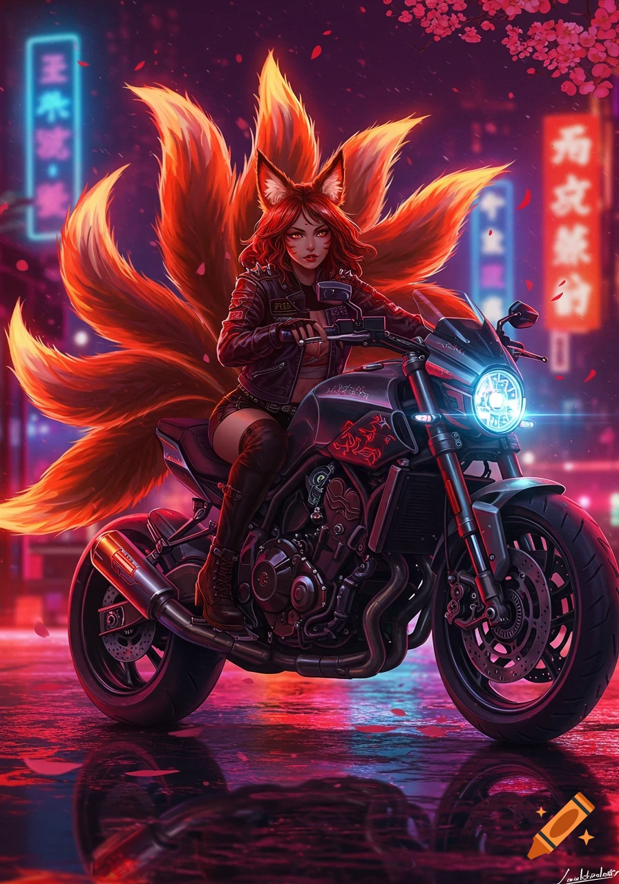 An anime-style Kitsune girl with fiery tails and ears rides a motorcycle on a neon-lit city street at night, with falling cherry blossoms.