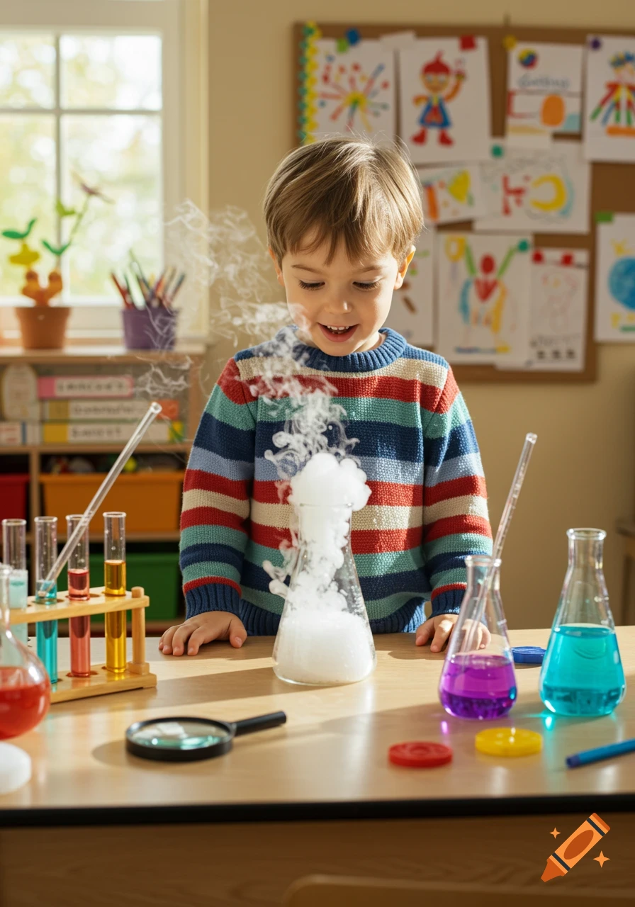 A smiling young boy in a striped sweater watches white smoke rise from a beaker during a science experiment on a wooden table.