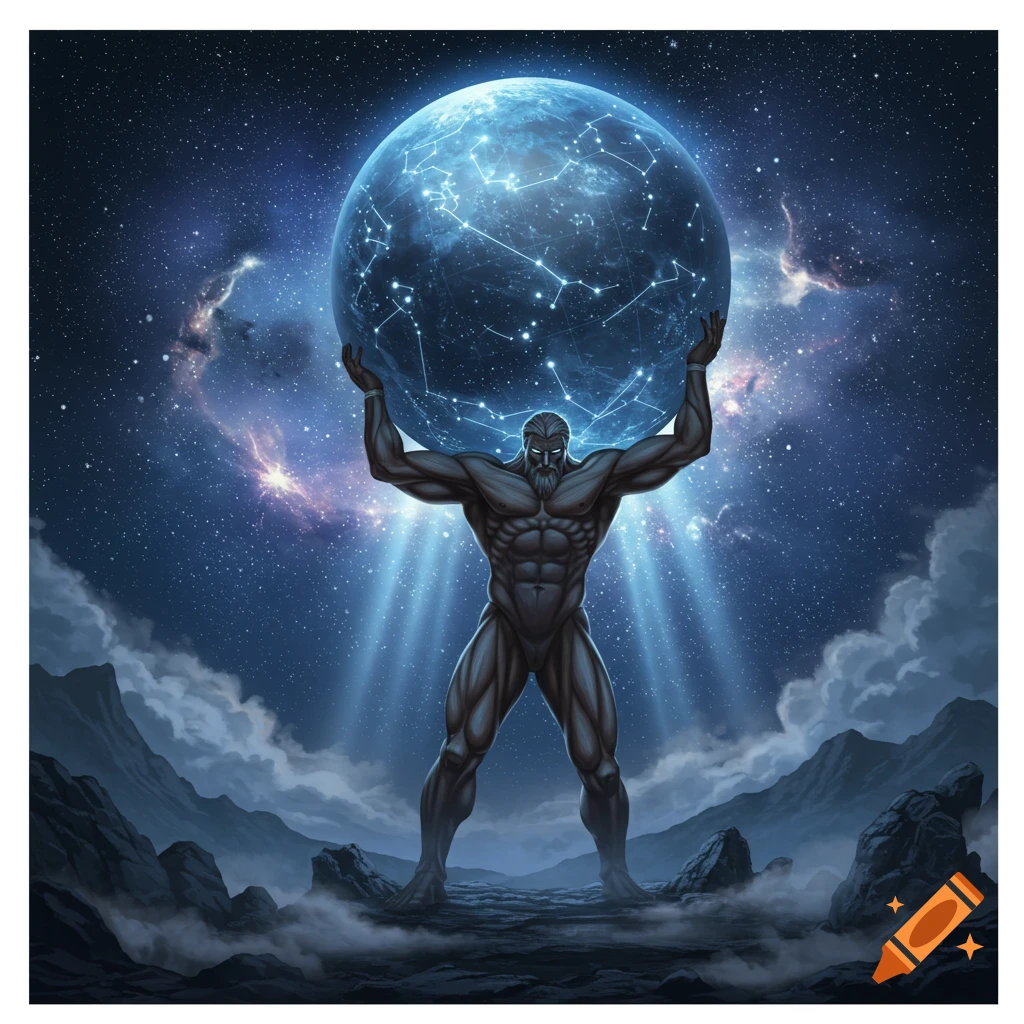 A muscular, bearded Atlas holds a glowing blue celestial sphere under a starry night sky with cosmic rays, above a rocky landscape.