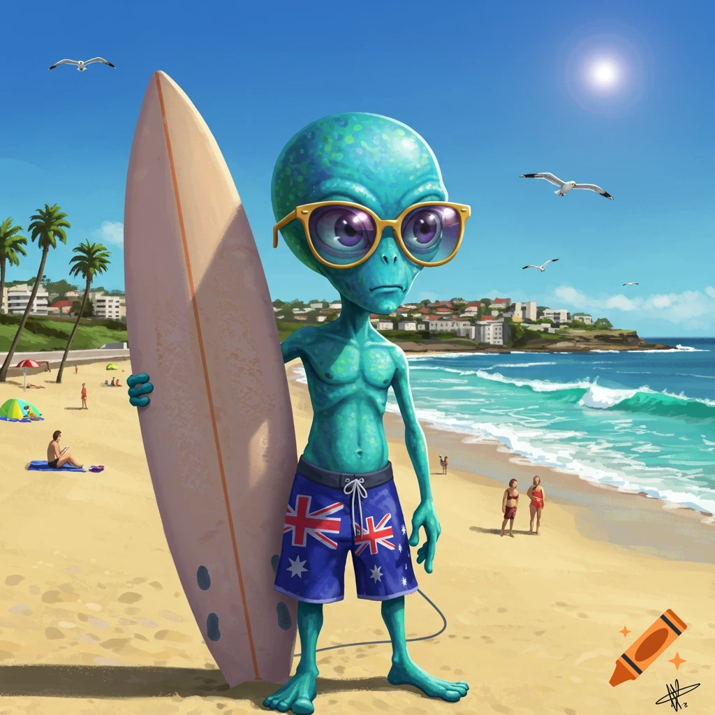 A cool blue alien with large eyes and yellow sunglasses stands on a sunny beach, holding a surfboard. It wears blue swim shorts with an Australian flag design. People and buildings are in the background.