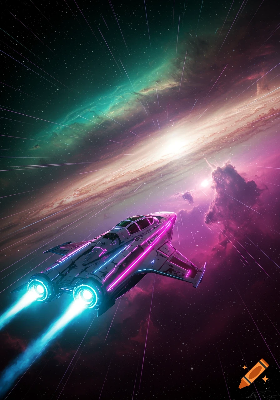 Futuristic spaceship with neon lights and bright engines flies through a vibrant galaxy with teal and purple nebulae.
