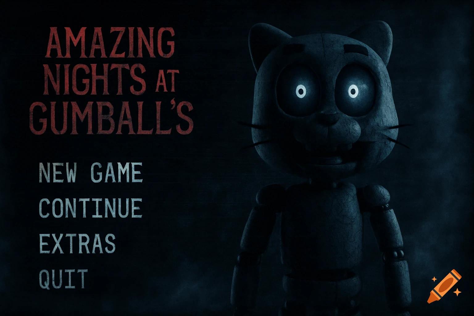 Dark horror video game menu with 'Amazing Nights at Gumball's' title and options next to a creepy animatronic cat with glowing eyes.