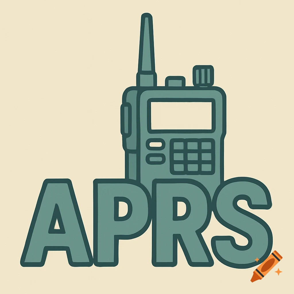 Stylized illustration of a walkie-talkie radio next to the letters APRS on a light background.