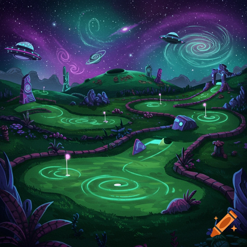A vibrant alien-themed mini-golf course under a starry purple and teal night sky, featuring UFOs, glowing green holes, and unusual plants.