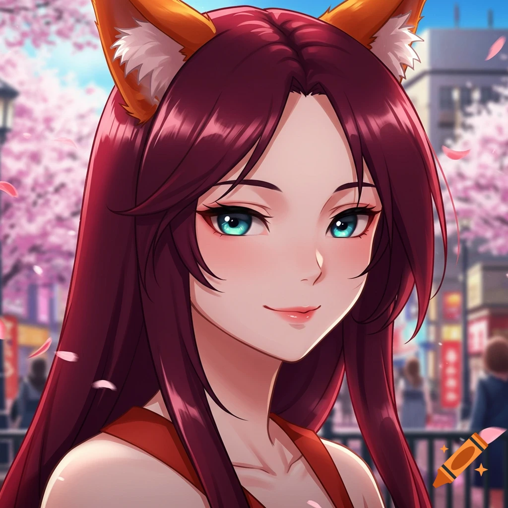 An anime portrait of a woman with long red hair and fox ears, smiling softly with turquoise eyes, set against a blurred city background with pink cherry blossoms.