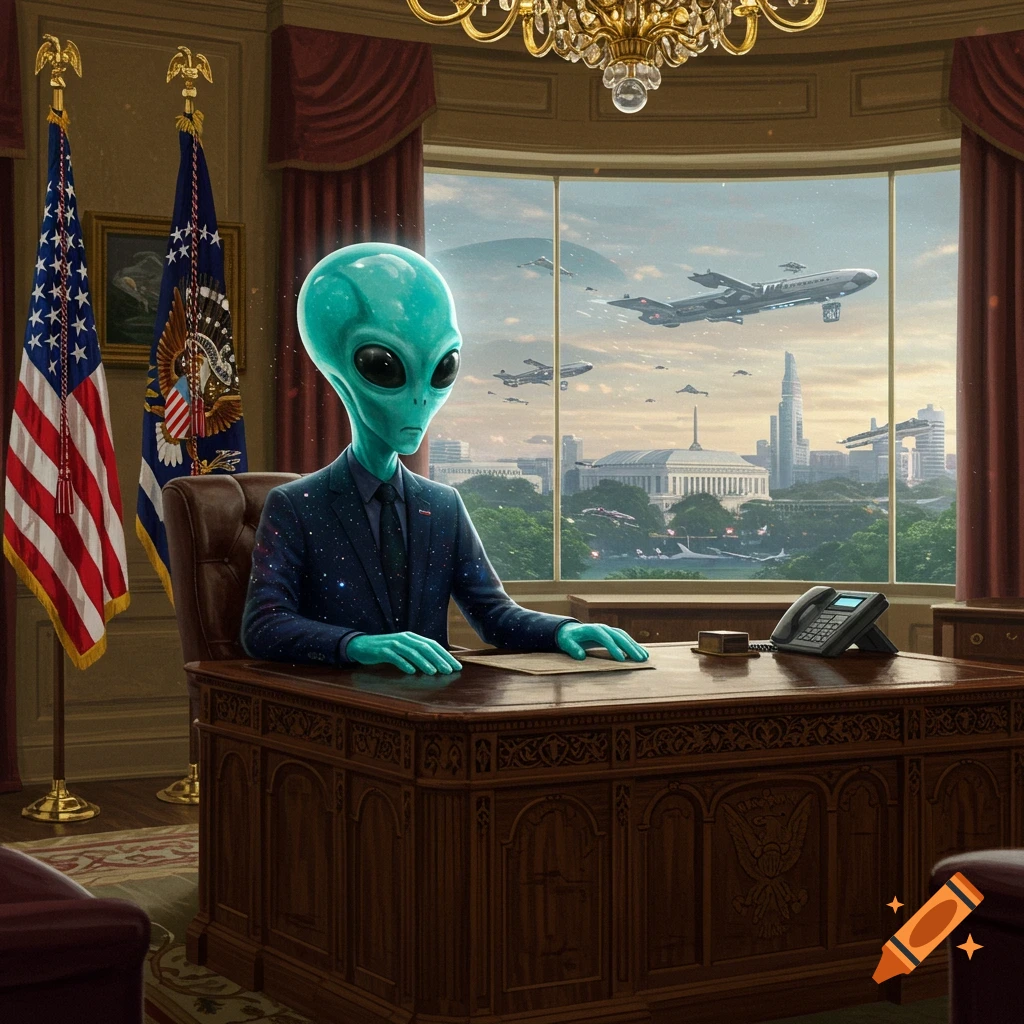 A teal-skinned alien in a dark suit sits at a large desk in an Oval Office-like room, gazing at a futuristic cityscape with flying vehicles through a bay window.