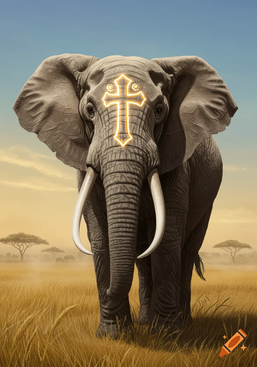 A majestic elephant with a glowing cross symbol on its forehead stands in a golden savanna at sunset.