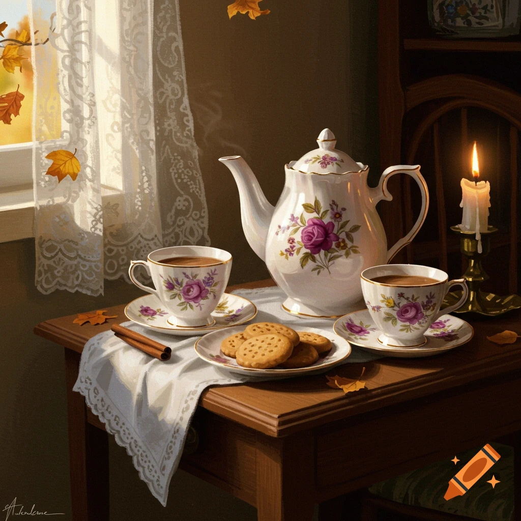 Cozy autumn still life with floral teapot, two cups of tea, and biscuits on a wooden table, next to a window with falling leaves.