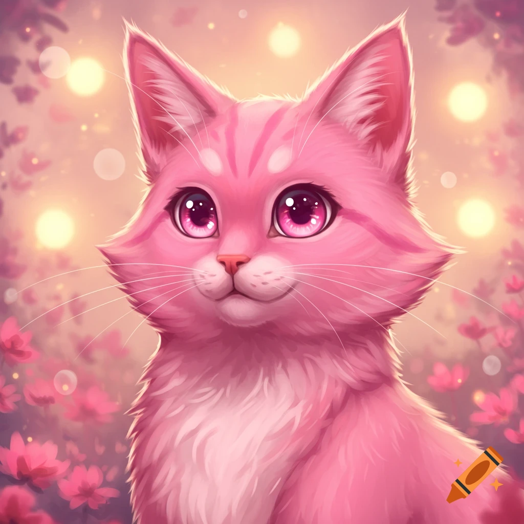 A vibrant, stylized drawing of a fluffy pink cat with large, shimmering pink eyes, set against a dreamy background of glowing lights and pink flowers.