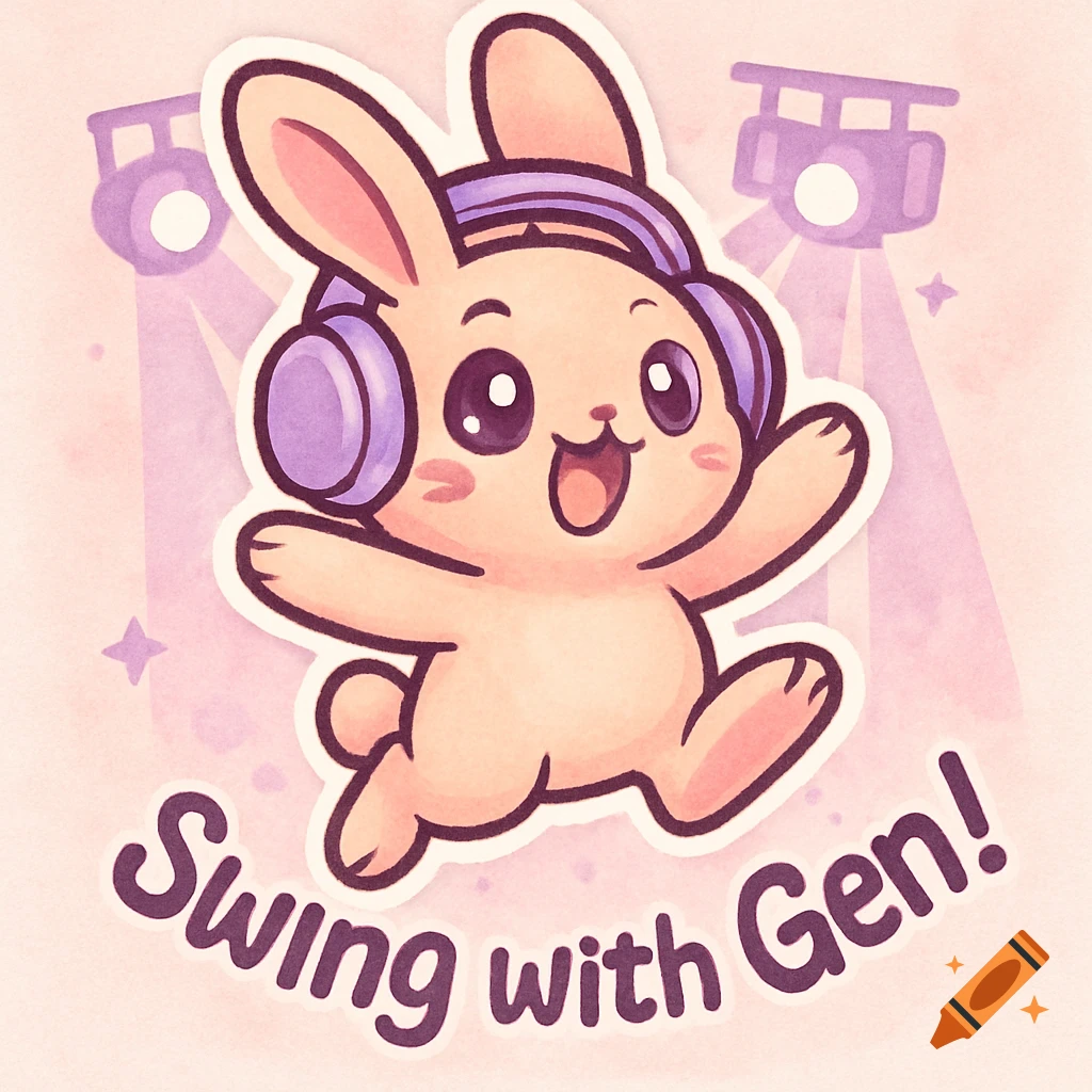 A cute cartoon rabbit wearing purple headphones jumps and waves, with stage lights in the background and text "Swing with Gen!"