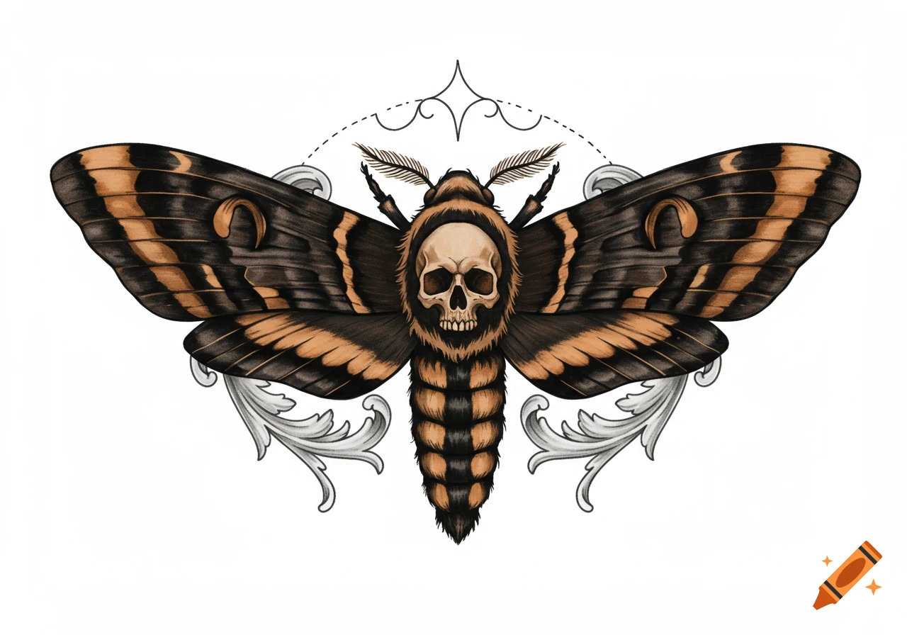 Stylized death's head moth with a skull on its body and brown and black wings, framed by ornate grey scrollwork, tattoo design.