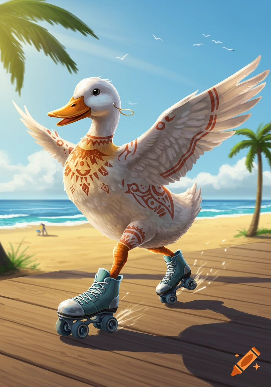 A whimsical white duck with orange tribal tattoos rollerblades on a wooden boardwalk at a sunny tropical beach, wings spread.