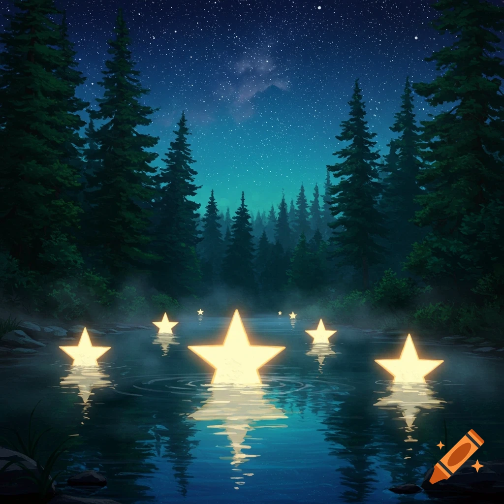 A tranquil night scene in a forest with glowing golden stars floating on a shimmering creek under a starry sky.
