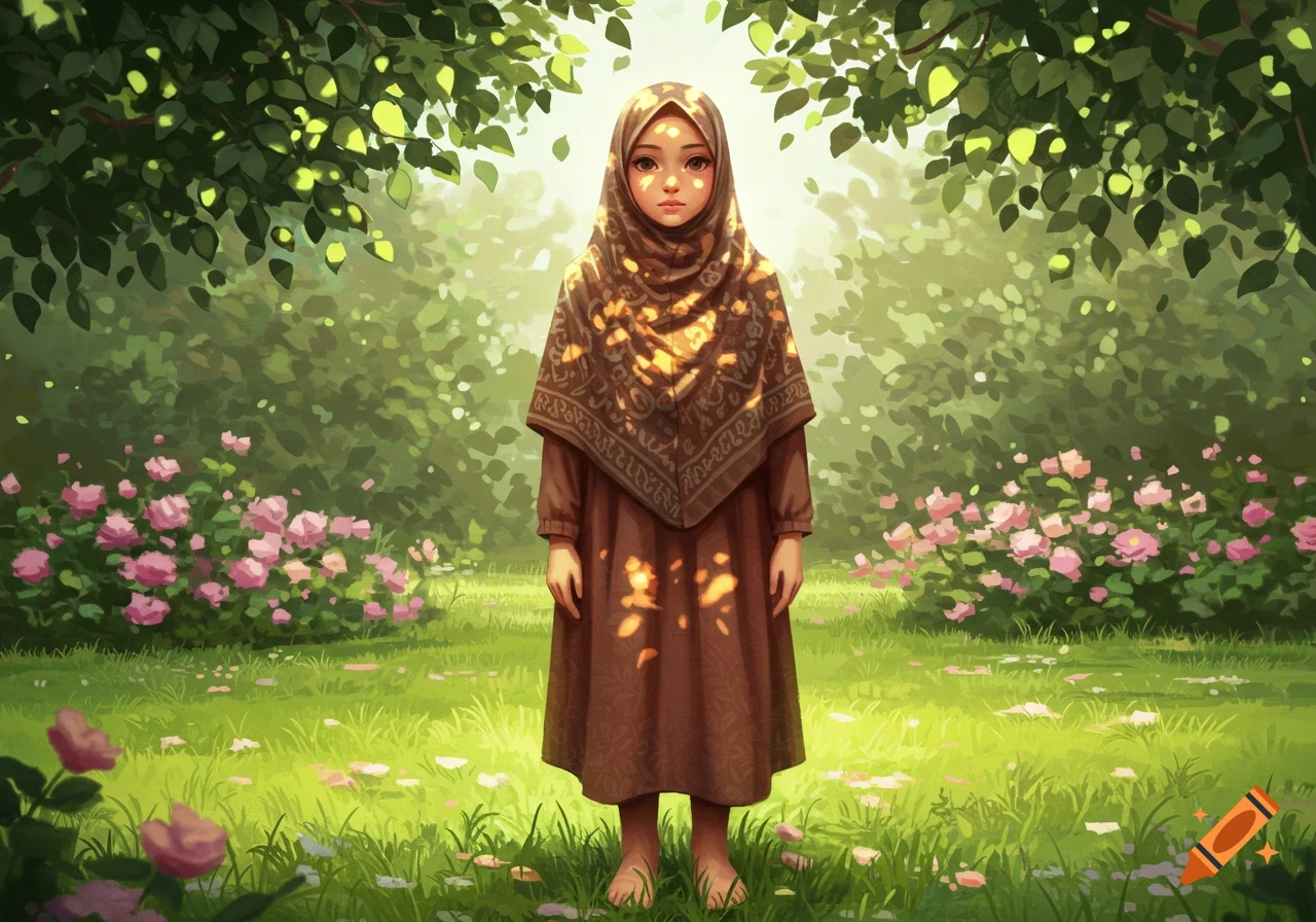 Illustrative painting of a young girl in a brown hijab standing barefoot in a vibrant green garden with pink flowers, dappled sunlight filtering through trees.