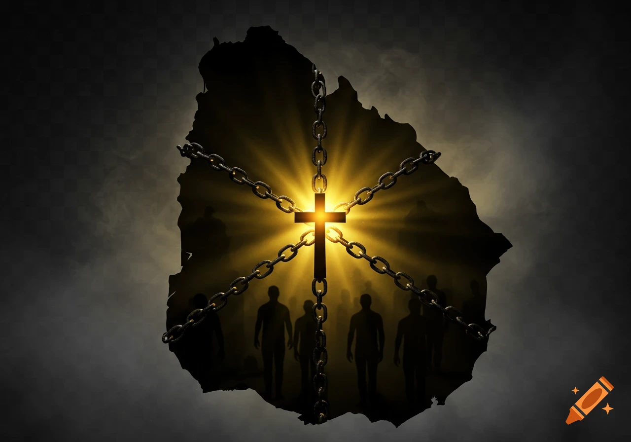 Conceptual illustration of Uruguay's silhouette with a glowing cross at its center, breaking chains, surrounded by people silhouettes.
