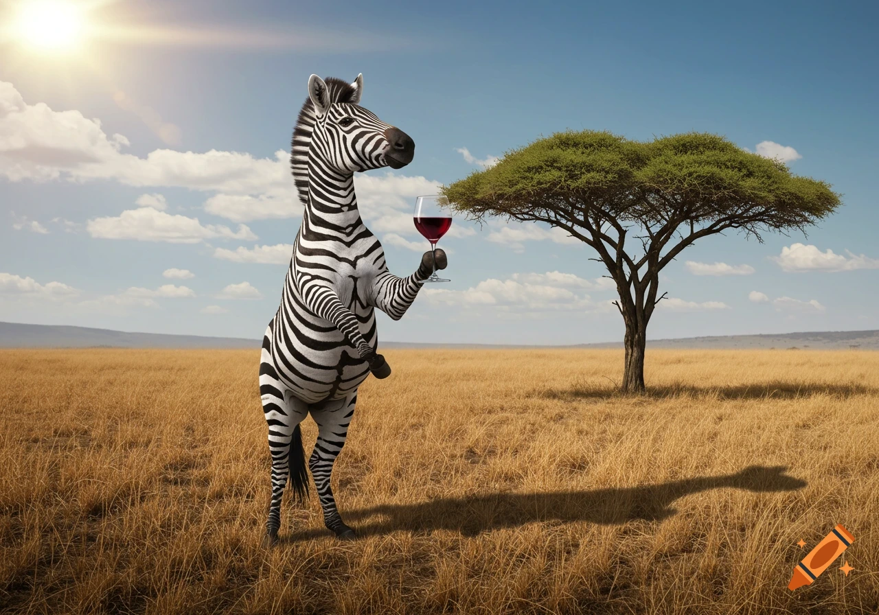A photorealistic zebra stands on its hind legs in a dry savanna, holding a glass of red wine. An acacia tree is in the background under a sunny sky.