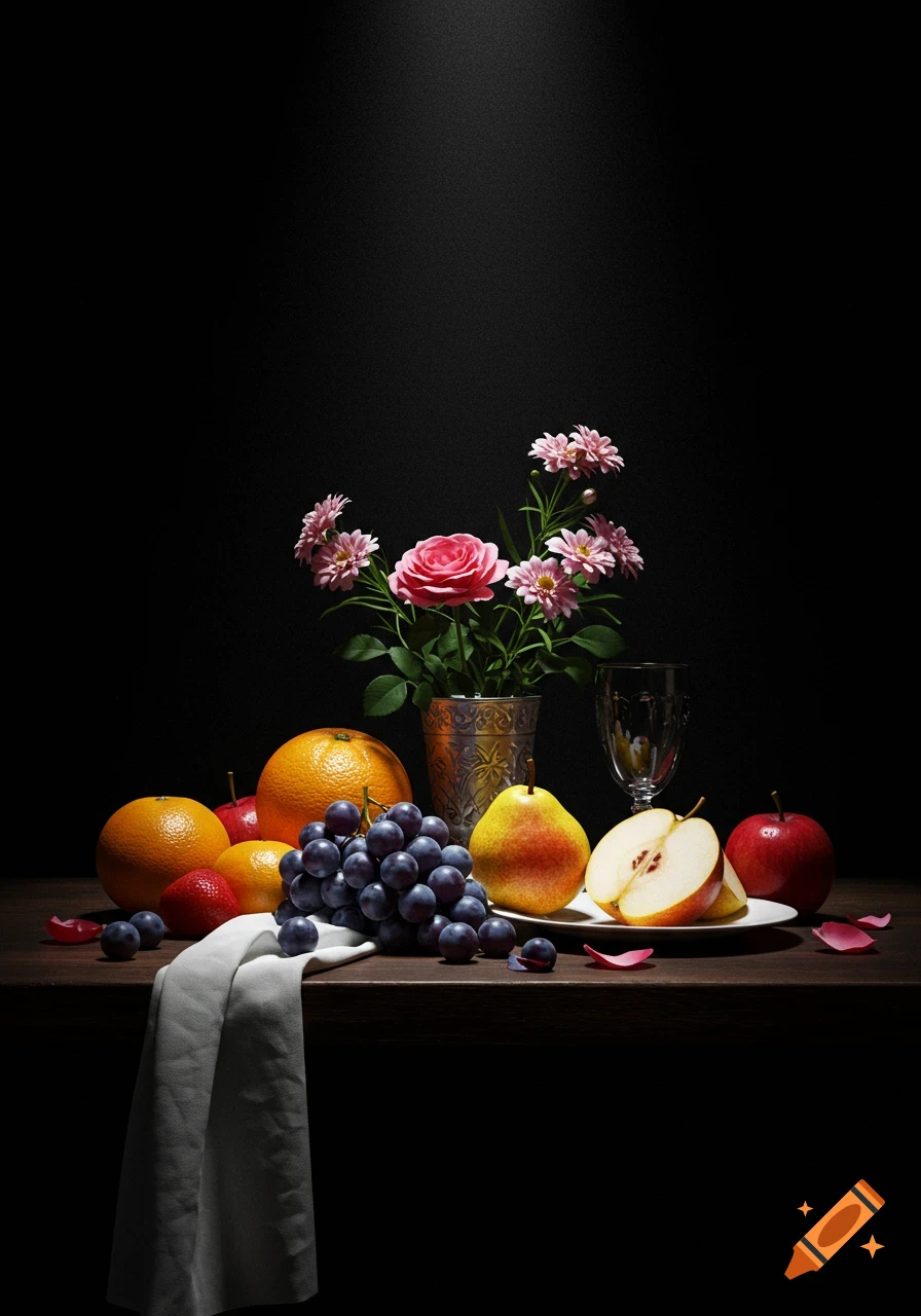 Photorealistic still life of pink flowers, grapes, oranges, pears, and apples on a dark table, dramatically lit against a black background.
