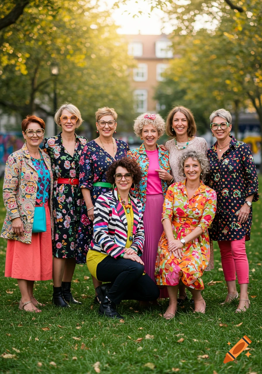 Photorealistic image of a group of middle-aged women in bright, patterned clothes and quirky glasses, posing in a park.