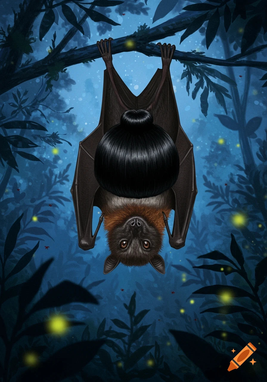 Stylized illustration of a bat with a black bun hanging upside down in a dark, magical forest with fireflies.