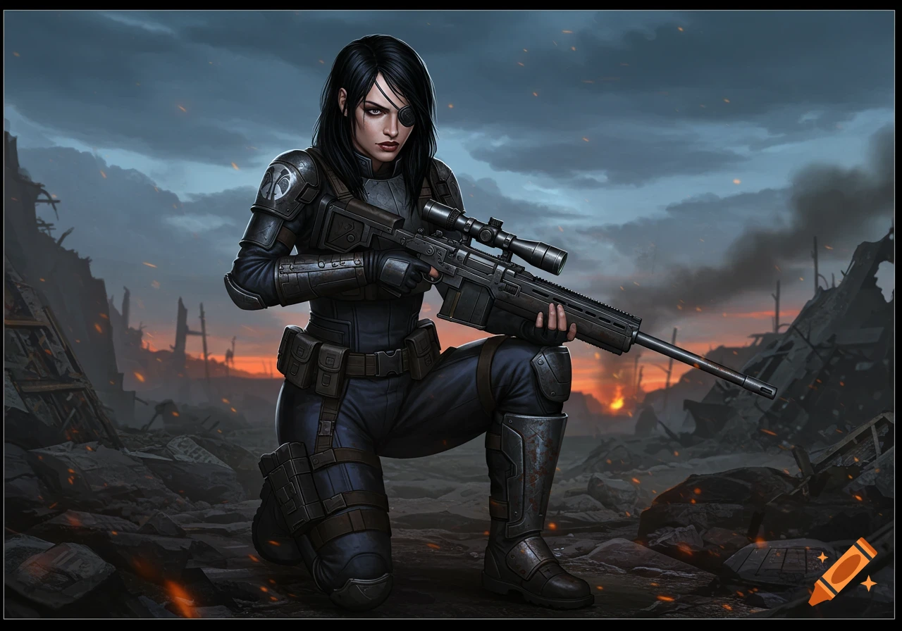 A black-haired female sniper with an eyepatch kneels, holding a rifle in a destroyed, post-apocalyptic city at sunset. Digital art.