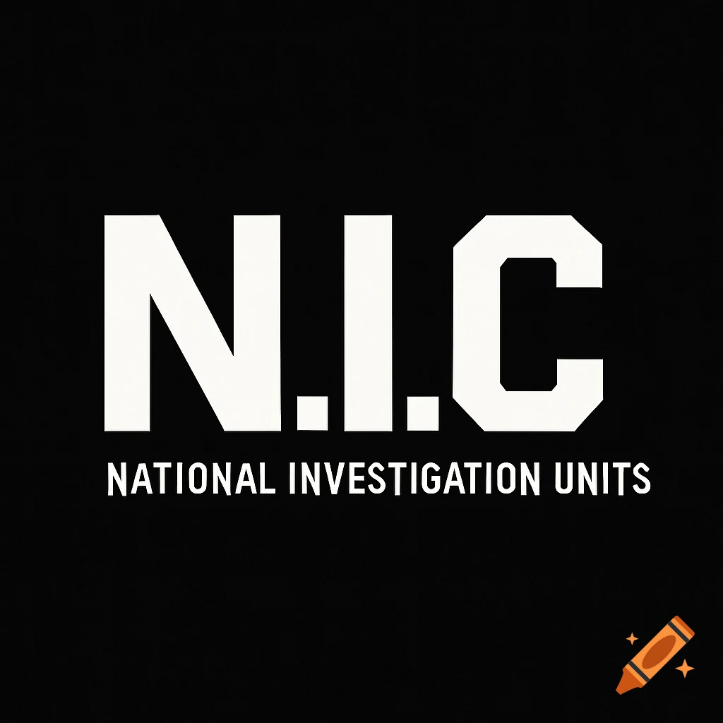Black background with white text saying "N.I.C." prominently and "NATIONAL INVESTIGATION UNITS" below it.