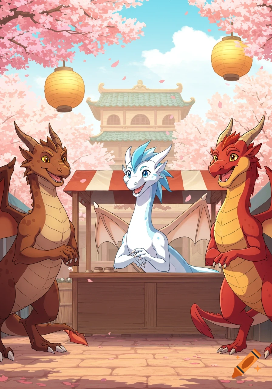 Three smiling cartoon dragons, brown, white, and red, gather at an outdoor stall beneath pink cherry blossoms with a traditional building in the background.