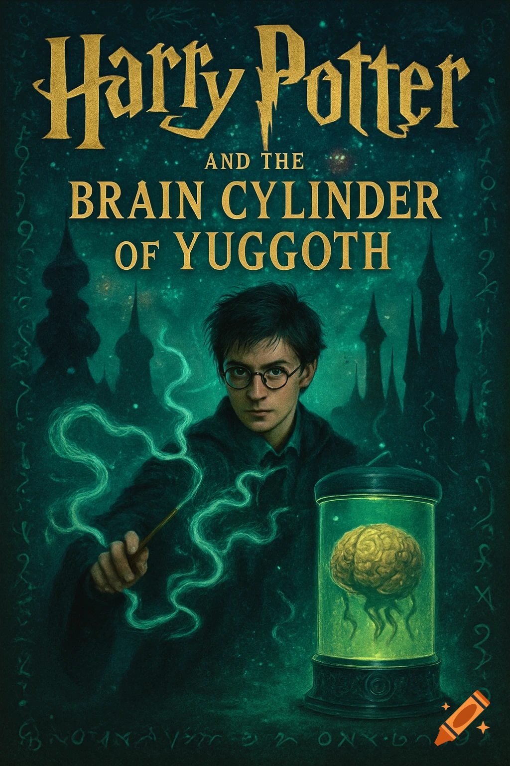 A dark fantasy book cover featuring a young wizard resembling Harry Potter with a wand, next to a glowing cylinder containing a brain, with a dark castle silhouette in the background.