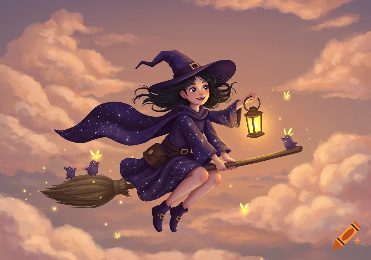 A cute cartoon witch in a starry purple outfit flies on a broomstick through a cloudy sunset sky, holding a glowing lantern.