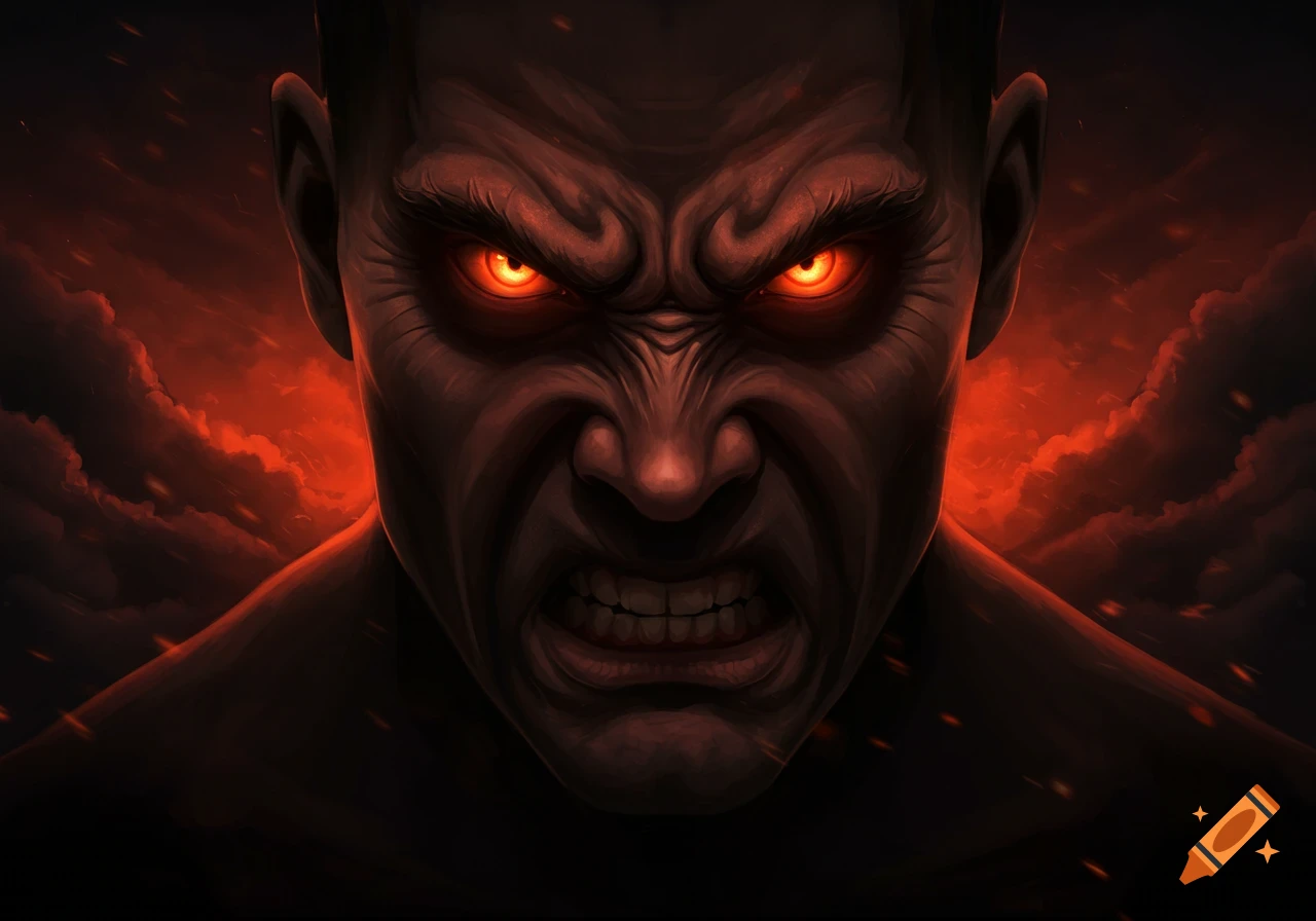 Close-up stylized illustration of an angry face with glowing red eyes and bared teeth, against a dark, fiery red cloud background.
