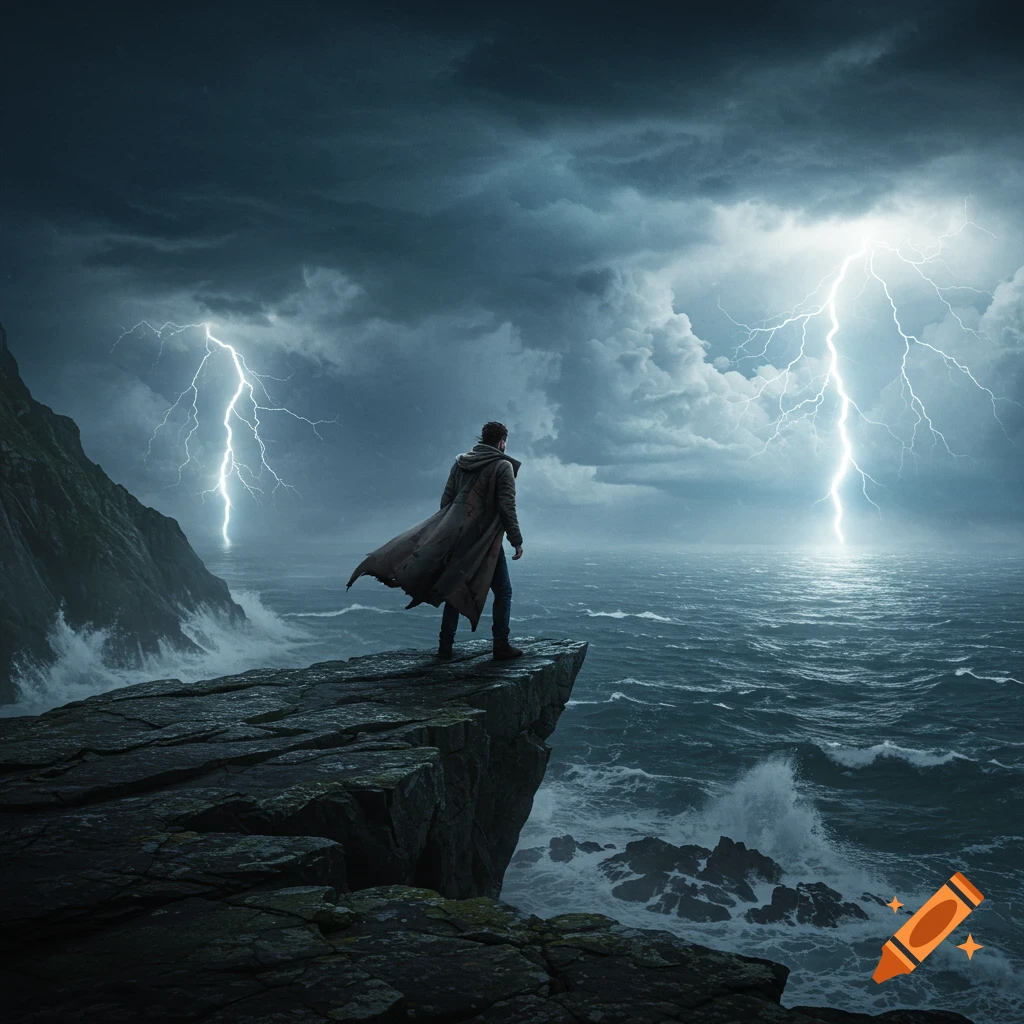 A man in a trench coat stands on a cliff overlooking a stormy sea with lightning striking the water under dark clouds.